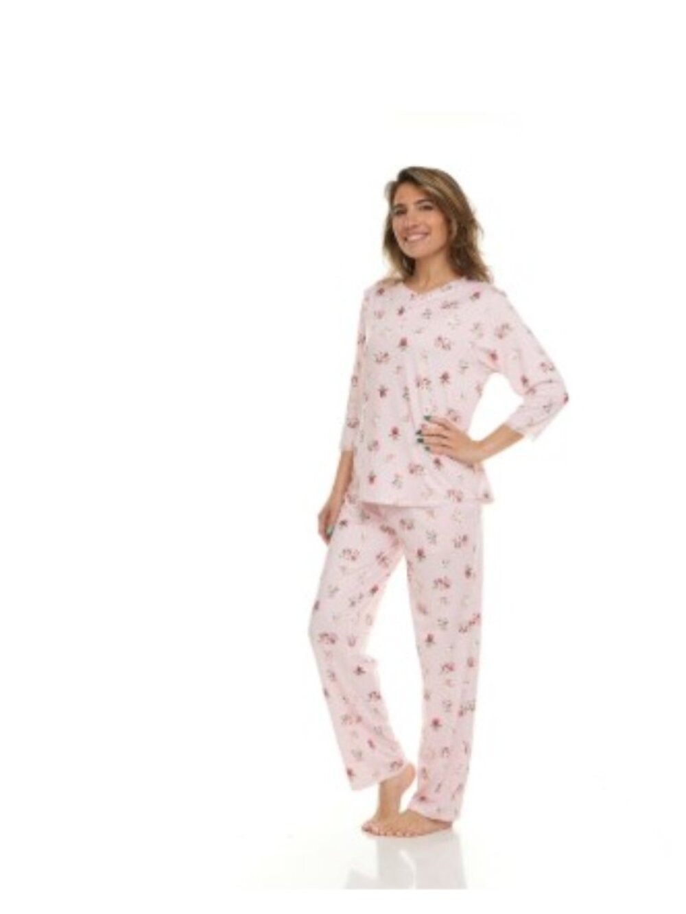 Flora Nikrooz 2 Piece 3/4 Sleeve Henley PJ Set Pink Multiple Sizes